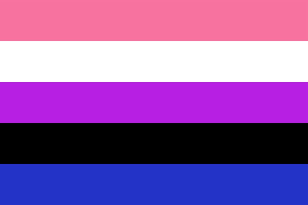 The genderfluid Pride flag is made up of five horizontal stripes: pink, white, purple, black and blue