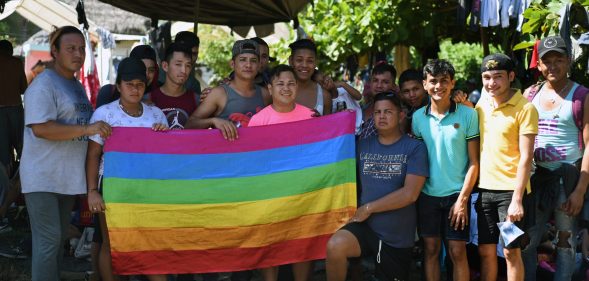 LGBT+ asylum seekers pose for a picture at a temporary shelter in Tecun Uman, Guatemala, on January 19, 2020.