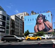 Cars drive past a billboard featuring Black trans model and activist Jari Jones in an advertisement for Calvin Klein. (Angela Weiss / AFP via Getty Images)