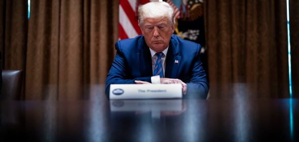 President Donald Trump listens during a roundtable on “Fighting for America’s Seniors” at the Cabinet Room of the White House June 15, 2020 in Washington, DC.