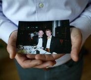Jim Obergefell holds a photo of him and his late husband John Arthur in his condo in Cincinnati, on April 2, 2015. (Maddie McGarvey/For The Washington Post via Getty Images)
