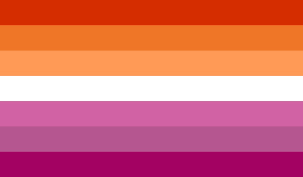 The lesbian Pride flag stripes and colours include dark orange for "gender non-conformity", orange for "independence", light orange for "community", white for "unique relationships to womanhood", pink for "serenity and peace", dusty pink for "love and sex", and dark rose for "femininity"