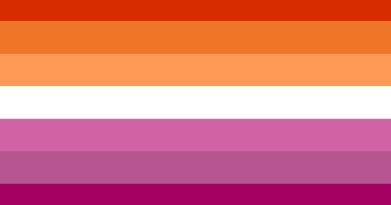 The lesbian flag stripes and colours include dark orange for "gender non-conformity", orange for "independence", light orange for "community", white for "unique relationships to womanhood", pink for "serenity and peace", dusty pink for "love and sex", and dark rose for "femininity"