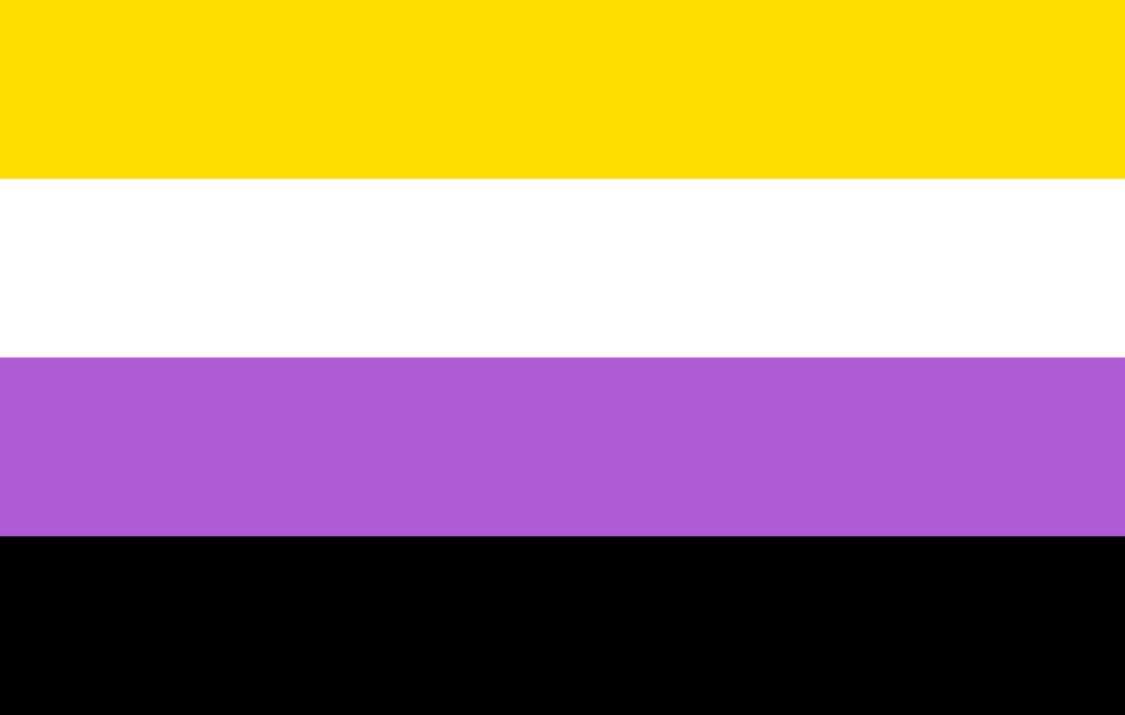 The non-binary Pride flag colours of yellow, white, purple and black