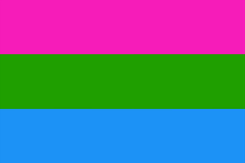 The polysexual flag colours of pink, green and blue