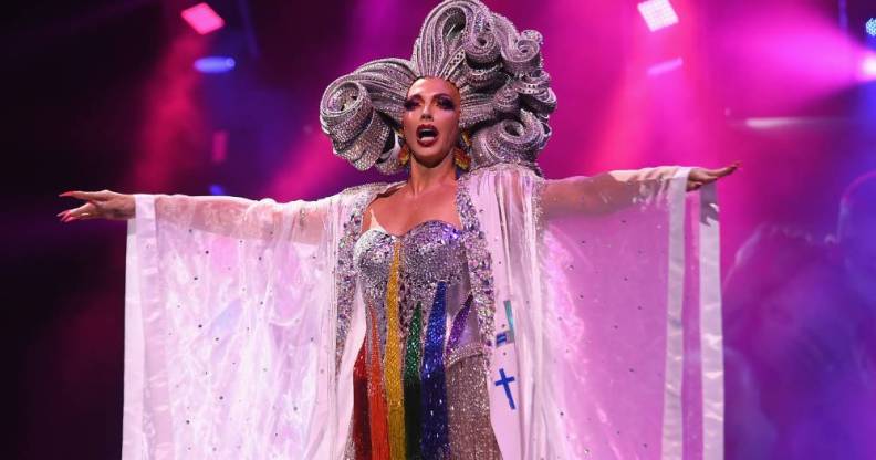 Alyssa Edwards wearing a rainbow tassled corset