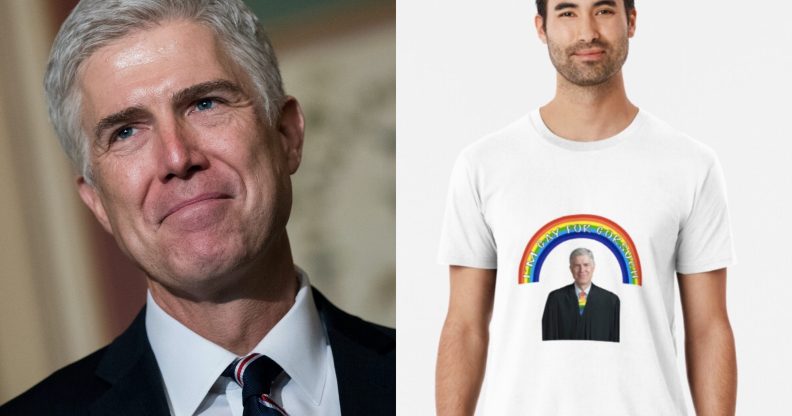 Neil Gorsuch, who dealt a blowback to his conservative allies by backing a pro-LGBT+ ruling, has attracted a new following: Queer men with Redbubble accounts. (Drew Angerer/Getty Images/Redbubble)