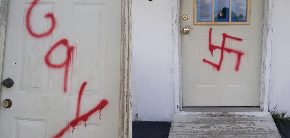 Church graffiti North Carolina homophobic Nazi swastikas