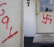 Church graffiti North Carolina homophobic Nazi swastikas
