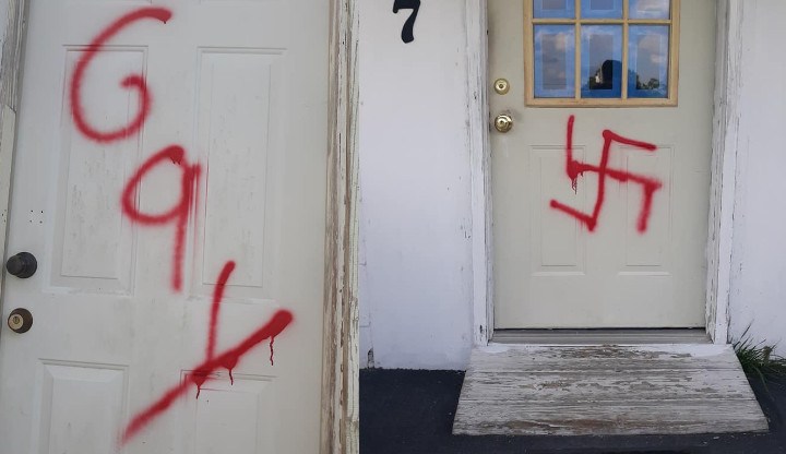 Church graffiti North Carolina homophobic Nazi swastikas