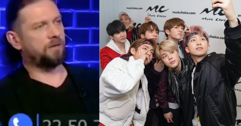 W Tyle Wizji host Krzysztof Feusette (L) and co-host Rafał Ziemkiewicz discussed BTS using, fans say, homophobic language. (Screen capture via Twitter/Santiago Felipe/Getty Images)