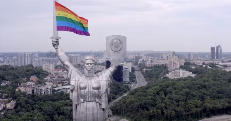 Kyiv Pride activists used a drone to carry a giant rainbow flag to the top of the controversial Soviet-era Motherland Monument