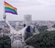 Kyiv Pride activists used a drone to carry a giant rainbow flag to the top of the controversial Soviet-era Motherland Monument