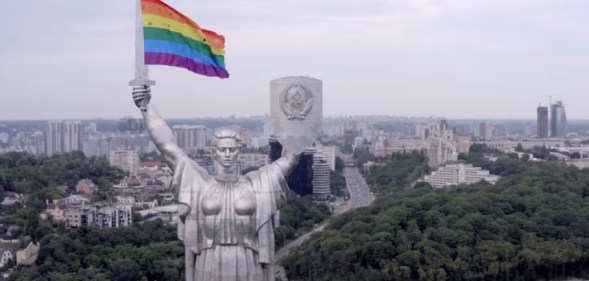 Kyiv Pride activists used a drone to carry a giant rainbow flag to the top of the controversial Soviet-era Motherland Monument