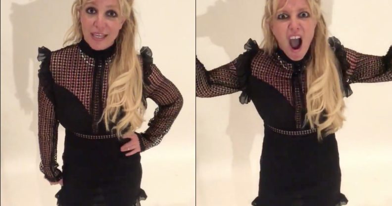 Britney Spears did a public service announcement to gush over her LGBT+ fans for Pride Month. Oh, and snap into a fit of rage. (Screen capture via Instagram)