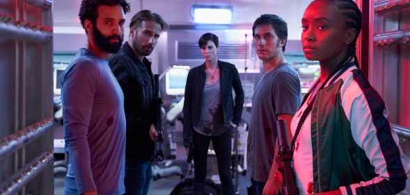 The cast of The Old Guard. Marwan Kenzari as Joe, Matthias Schoenaerts as Booker, Charlize Theron as Andy, Luca Marinelli as Nicky, Kiki Layne as Nile.