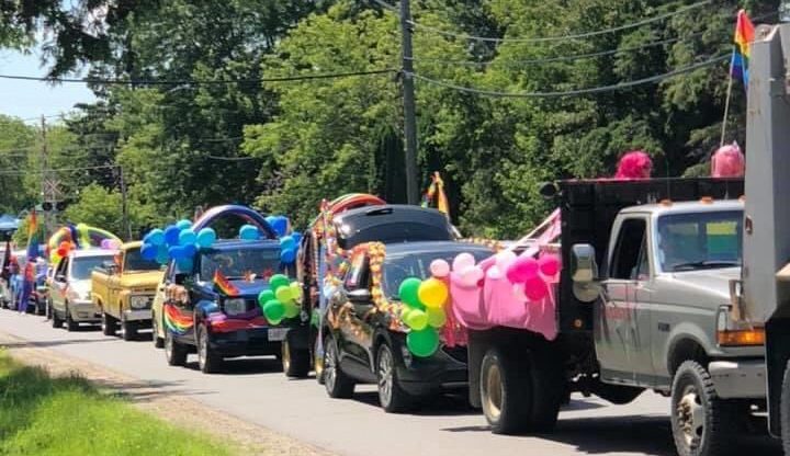 Cars packed a road in Emo, Ontario, Canada, as part of an Pride 'ambush' after town officials asked why there is no 'Straight Pride'. (Borderland Pride)
