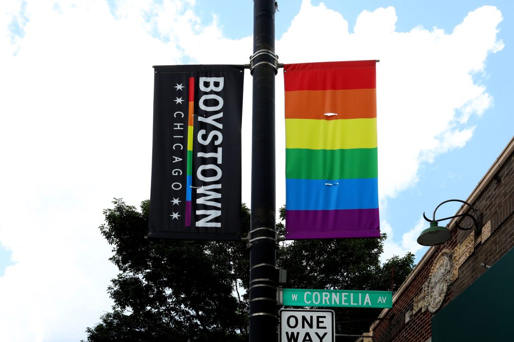 A Boystown Chicago banner hangs along Cornelia Avenue in the Boystown Lakeview neighborhood in Chicago, Illinois. (Raymond Boyd/Getty Images)