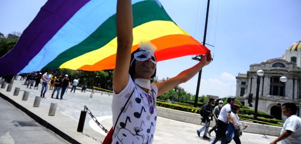 A woman holding the Rainbow flag takes part in the 42nd Pride March in Mexico
