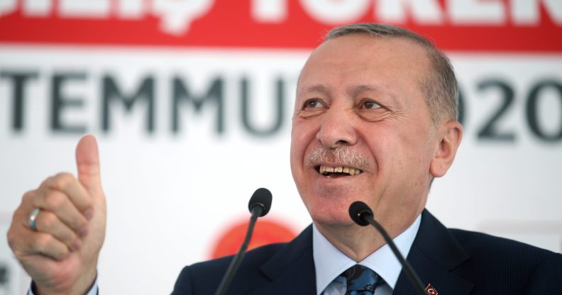 Turkish president Recep Erdoğan gestures. (Mustafa Kamaci/Anadolu Agency via Getty Images)