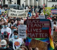 Transgender people and their supporters gather in Parliament Square to protest against potential changes to the Gender Recognition Act on 04 July, 2020 in London, England. (Wiktor Szymanowicz/Barcroft Media via Getty Images)