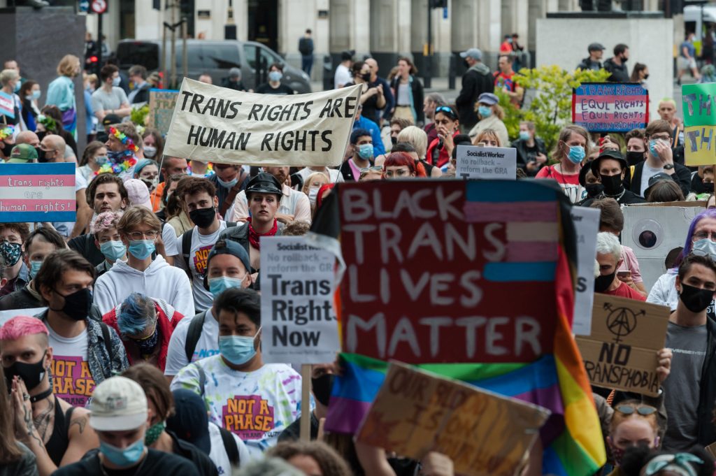 Transgender people and their supporters gather in Parliament Square to protest against potential changes to the Gender Recognition Act on 04 July, 2020 in London, England. (Wiktor Szymanowicz/Barcroft Media via Getty Images)