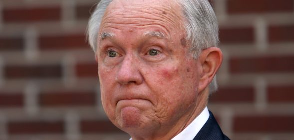 Jeff Sessions addresses the media after voting in the Alabama Republican primary runoff for the U.S. Senate on July 14, 2020 in Mobile, Alabama.