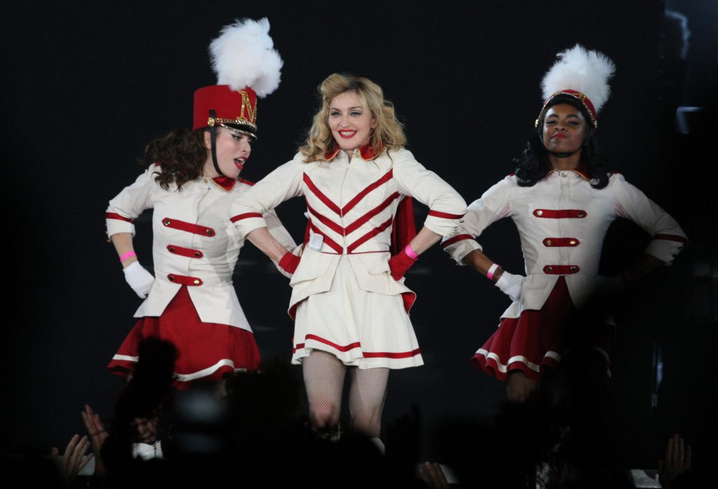 Madonna performs on stage during her MDNA tour at Saint Petersburg's Sports and Concert Complex on August 9, 2012. (OLGA MALTSEVA/AFP via Getty Images)
