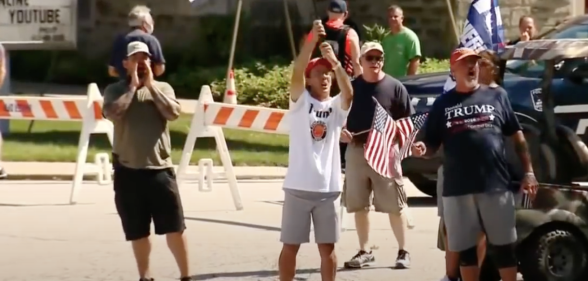 "Back the Blue" counter-protesters in Shaler Township, Pennsylvania, only feet away from a Black Lives Matter demo. (Screen capture via Youtube/CBS Pittsburgh)