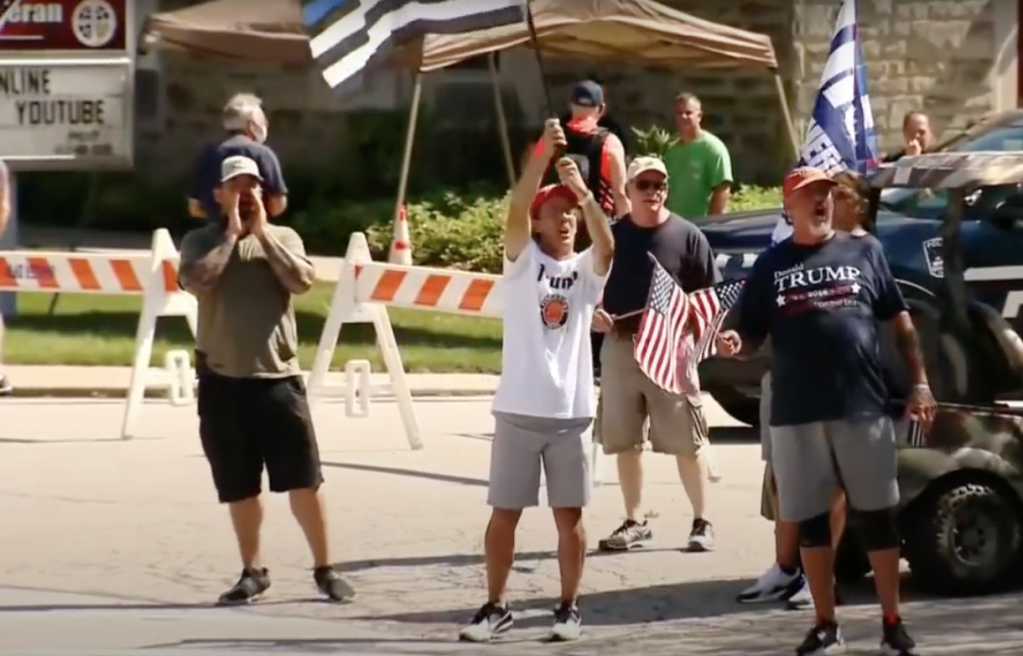 "Back the Blue" counter-protesters in Shaler Township, Pennsylvania, only feet away from a Black Lives Matter demo. (Screen capture via Youtube/CBS Pittsburgh)
