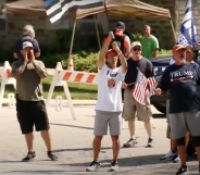 "Back the Blue" counter-protesters in Shaler Township, Pennsylvania, only feet away from a Black Lives Matter demo. (Screen capture via Youtube/CBS Pittsburgh)