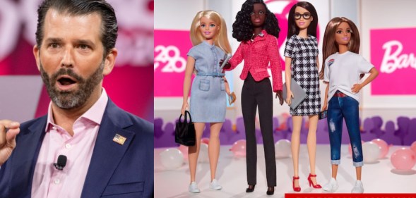 Donald Trump Jr, who exists, and the "Barbie Campaign Team" line. (Samuel Corum/Getty Images/Mattel)