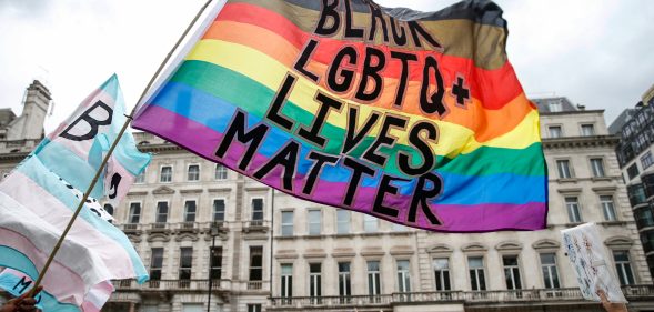 Pride flag with text: Black LGBT+ Lives Matter covid-19
