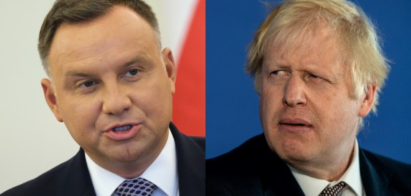 Andrzej Duda (L) netted praise from British premier Boris Johnson after being re-elected Polish president. (Sean Gallup via Getty Images/Chris J Ratcliffe/Getty Images)