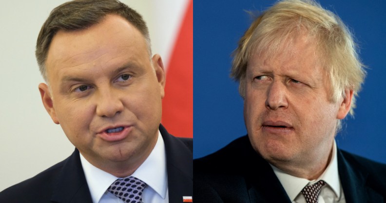 Andrzej Duda (L) netted praise from British premier Boris Johnson after being re-elected Polish president. (Sean Gallup via Getty Images/Chris J Ratcliffe/Getty Images)