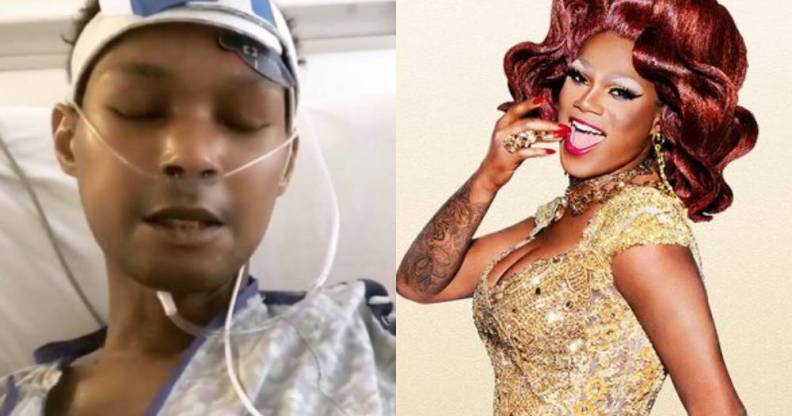 Chi Chi DeVayne in a hospital bed with tubes attached / her All Stars 3 promo picture