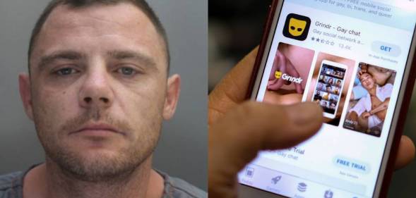 James Inglesby mugshot / iPhone screen on the Grindr download page