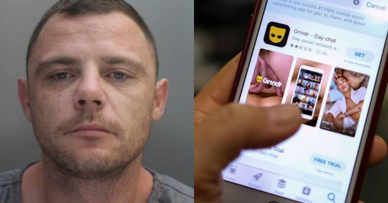 James Inglesby mugshot / iPhone screen on the Grindr download page