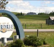 The term "LGBT virus" was daubed on a shed visible from the highway at the entrance to the city of Airdrie
