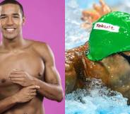 Michael Gunning smiling topless / close up swimming in a green cap