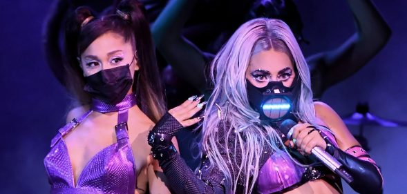 Ariana Grande (L) and Lady Gaga perform during the 2020 MTV Video Music Award. (Kevin Winter/MTV VMAs 2020/Getty Images for MTV)