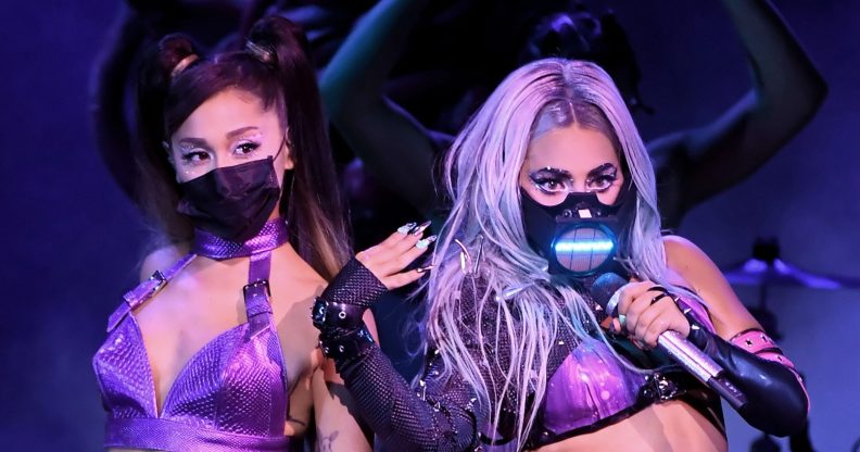 Ariana Grande (L) and Lady Gaga perform during the 2020 MTV Video Music Award. (Kevin Winter/MTV VMAs 2020/Getty Images for MTV)