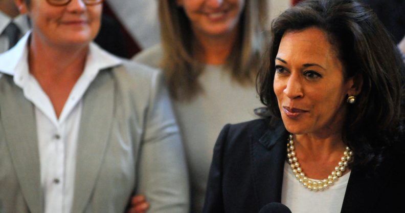 California Attorney General Kamala Harris speaks to media after marrying same-sex couple Kris Perry and Sandy Stier