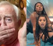 Leslie Jordan with his hand over his mouth / Cardi B and Megan Thee Stallion dripping with water