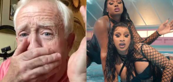 Leslie Jordan with his hand over his mouth / Cardi B and Megan Thee Stallion dripping with water
