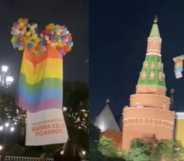 Gay artist uses helium balloons to fly a rainbow flag over Moscow