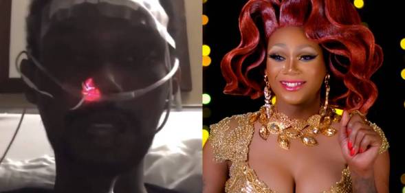 Chi Chi DeVayne with a feeding tube in her nose / Chi Chi in full drag