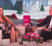 Sofia Vergara and Ellen DeGeneres sitting on white armchairs on the set of the Ellen show