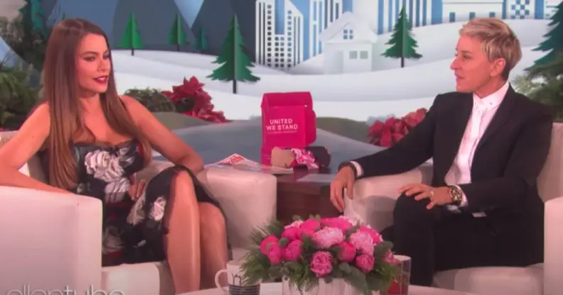 Sofia Vergara and Ellen DeGeneres sitting on white armchairs on the set of the Ellen show