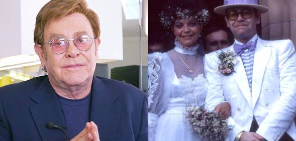 Elton John now, and on his 1984 wedding day with his wife